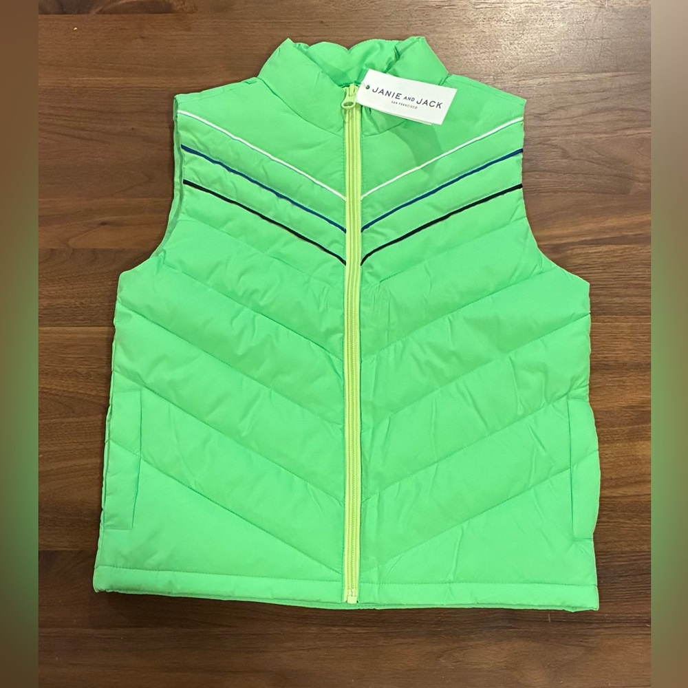 NWT-  Janie and Jack Green Puffer Jacket with Striped Detail (SIZE 7-8) - Picture 3 of 8
